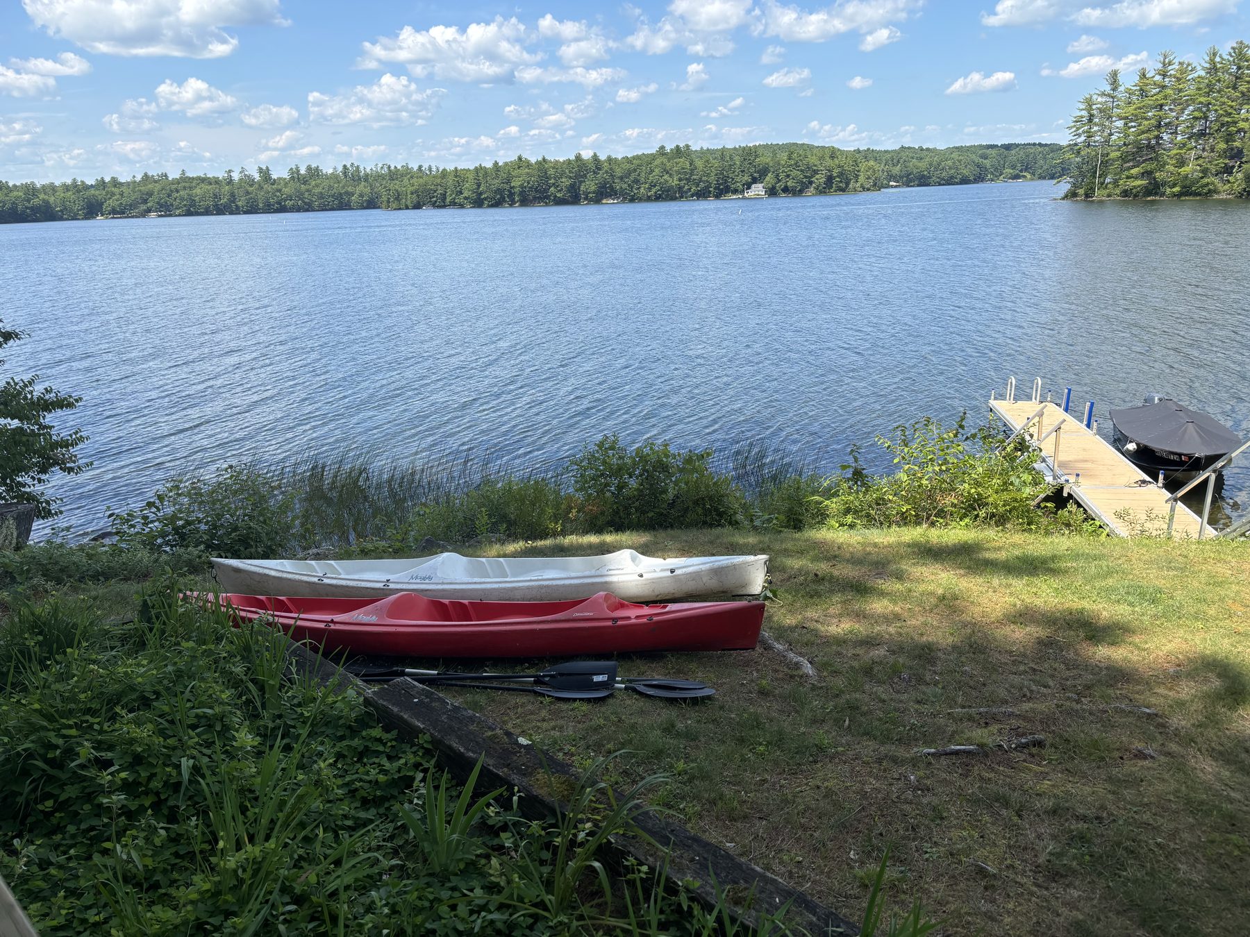 Kayaks and dock on Maranacook Lake, good access for fishing